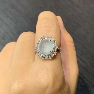 High-Icy Glowing Natural Jadeite Cabochon Ring — S925 Silver · No. 0E1A