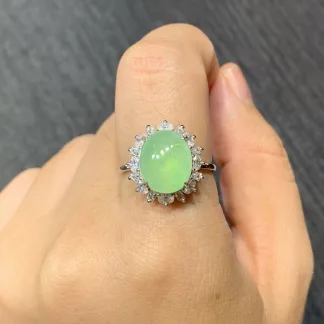High-Icy Clear Green Natural Jadeite Cabochon Ring — S925 Silver · No. 5635