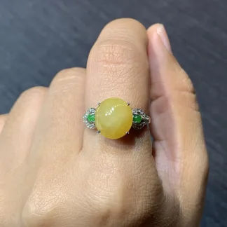 Icy Honey Yellow Natural Jadeite Cabochon Ring — S925 Silver · No. 84BA