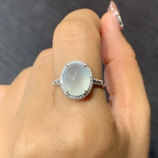 High-Icy Glowing Natural Jadeite Cabochon Ring — S925 Silver · No. C64B