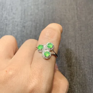 Icy Vivid Green Natural Jadeite Cabochon Ring — S925 Silver · No. 99E7