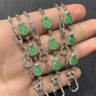 Icy Soft Vivid Green Gourd Natural Jadeite Convertible Cabochon Chain — S925 Silver · No. CEAE