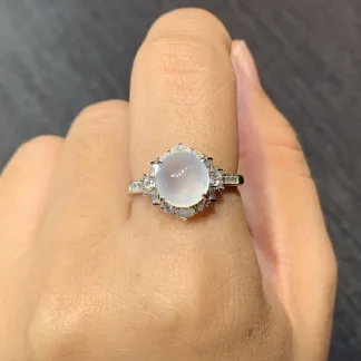 High-Icy Glowing Natural Jadeite Cabochon Ring — S925 Silver · No. 9541