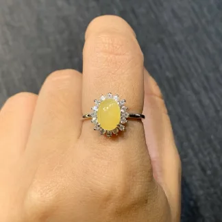 High-Icy Honey Yellow Natural Jadeite Cabochon Ring — S925 Silver · No. 4124