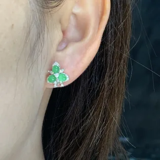 Icy Clear Green Natural Jadeite Cabochon Stud Earrings — S925 Silver · No. B363