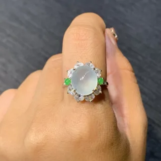 High-Icy Glowing Natural Jadeite Cabochon Ring — S925 Silver · No. 5827
