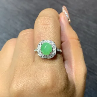 Icy Vivid Green Natural Jadeite Cabochon Ring — S925 Silver · No. 0546