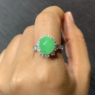 Icy Vivid Green Natural Jadeite Cabochon Ring — S925 Silver · No. 7636