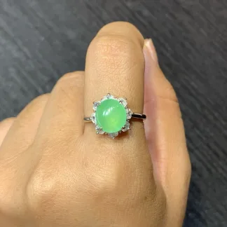 High-Icy Soft Vivid Green Natural Jadeite Cabochon Ring — S925 Silver · No. 1BE6