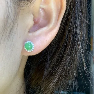 Icy Vivid Green Natural Jadeite Cabochon Stud Earrings — S925 Silver · No. 8A5C