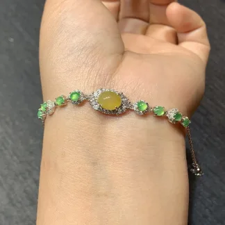 High-Icy Yellow and Green Natural Jadeite Cabochon Bracelet — S925 Silver · No. 5AE9