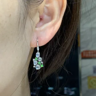 High-Icy Glowing White and Vivid Green Natural Jadeite Cabochon Hook Earrings — S925 Silver · No. D28A