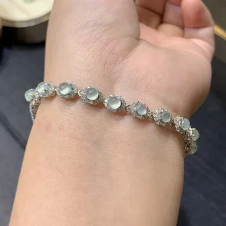 High-Icy Clear Glowing Natural Jadeite Cabochon Bracelet — S925 Silver · No. B040