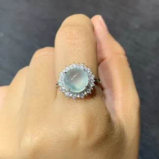 High-Icy Glassy Icy Blue-Mottled Natural Jadeite Cabochon Ring — S925 Silver · No. E1DB