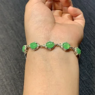 Icy Vivid Green Natural Jadeite Cabochon Bracelet — S925 Silver · No. 3E76