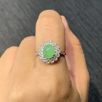 Icy Soft Vivid Green Natural Jadeite Cabochon Ring — S925 Silver · No. B0B9