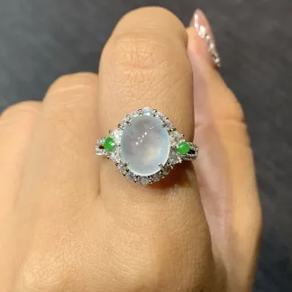 High-Icy Glowing Natural Jadeite Cabochon Ring — S925 Silver · No. 48DD