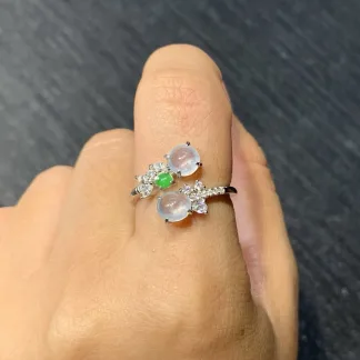 High-Icy Glowing Natural Jadeite Twin Cabochon Ring — S925 Silver · No. 0D42