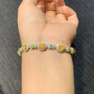 High-Icy Honey Yellow Natural Jadeite Cabochon Bracelet — S925 Silver · No. 7AF3