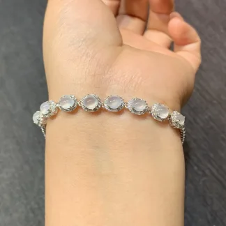 High-Icy Glowing Natural Jadeite Cabochon Bracelet — S925 Silver · No. C782