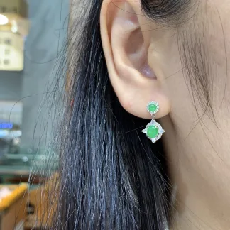 Icy Vivid Green Natural Jadeite Cabochon Drop Earrings — S925 Silver · No. 4554