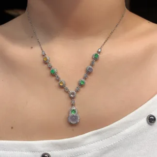 High-Icy Multicolor Natural Jadeite Cabochon Necklace — S925 Silver · No. 5F46