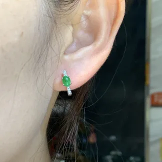 Vivid Green Natural Jadeite Cabochon Huggie Earrings — S925 Silver · No. B4E6