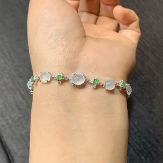 High-Icy Glowing Natural Jadeite Cabochon Bracelet — S925 Silver · No. 2459