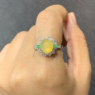 High-Icy Honey Yellow Natural Jadeite Cabochon Ring — S925 Silver · No. B87A
