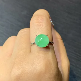 Icy Vivid Green Natural Jadeite Cabochon Ring — S925 Silver · No. 139D