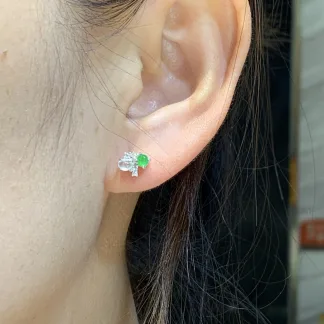 High-Icy White and Green Natural Jadeite Cabochon Stud Earrings — S925 Silver · No. B864