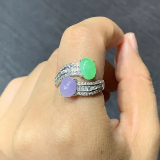 Lavender and Green Natural Jadeite Cabochon Ring — S925 Silver · No. 4E6B