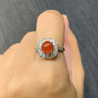 Icy Russet Red Natural Jadeite Cabochon Ring — S925 Silver · No. 7858