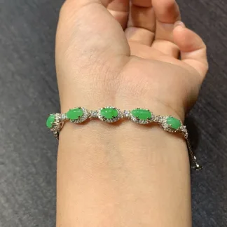 Icy Vivid Green Natural Jadeite Cabochon Bracelet — S925 Silver · No. AA5E