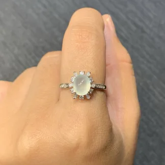 High-Icy Glowing Clear Natural Jadeite Cabochon Ring — S925 Silver · No. B95B