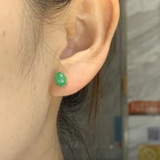 Icy Vivid Green Green Natural Jadeite Cabochon Stud Earrings — S925 Silver · No. 38AA