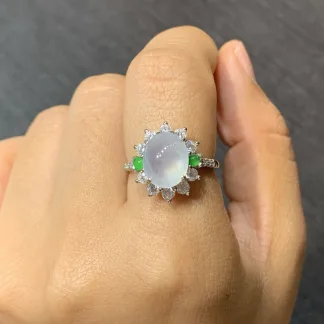 High-Icy Glowing Natural Jadeite Cabochon Ring — S925 Silver · No. F392