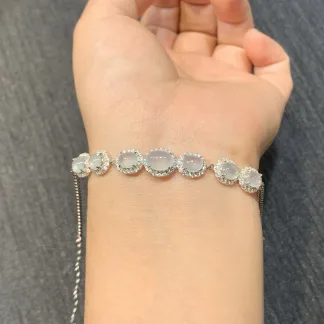 High-Icy Glowing Natural Jadeite Cabochon Bracelet — S925 Silver · No. A1B4