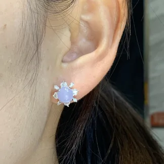 Icy Lavender Natural Jadeite Cabochon Stud Earrings — S925 Silver · No. 185D