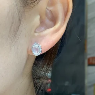 High-Icy Glowing Natural Jadeite Cabochon Stud Earrings — S925 Silver · No. F0DE