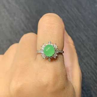 Icy Vivid Green Natural Jadeite Cabochon Ring — S925 Silver · No. 1396