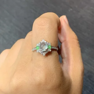 High-Icy Glowing Natural Jadeite Cabochon Ring — S925 Silver · No. EB72