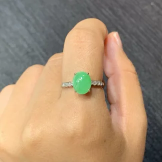 Icy Vivid Green Natural Jadeite Cabochon Ring — S925 Silver · No. 5A24