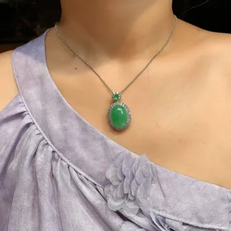 High-Icy Vivid Green Natural Jadeite Cabochon Pendant — S925 Silver · No. 5AE5