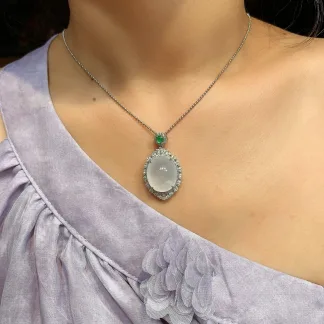 High-Icy Lustrous Natural Jadeite Cabochon Pendant — S925 Silver · No. 0960