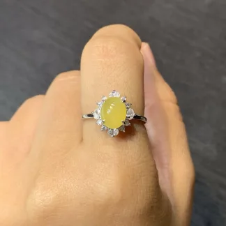 High-Icy Honey Yellow Natural Jadeite Cabochon Ring — S925 Silver · No. 65EB