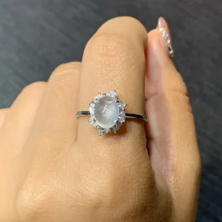 High-Icy Glowing Natural Jadeite Cabochon Ring — S925 Silver · No. 5135