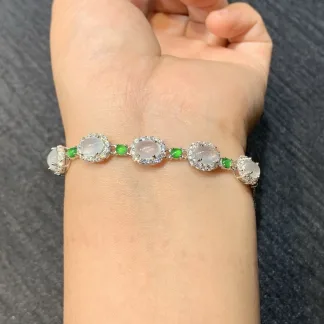High-Icy Glowing White and Vivid Green Natural Jadeite Cabochon Bracelet — S925 Silver · No. 5C59
