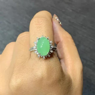 Icy Soft Green Natural Jadeite Cabochon Ring — S925 Silver · No. EAB2