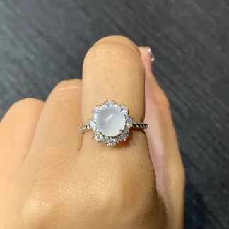 Icy Glowing Natural Jadeite Cabochon Ring — S925 Silver · No. FAEB